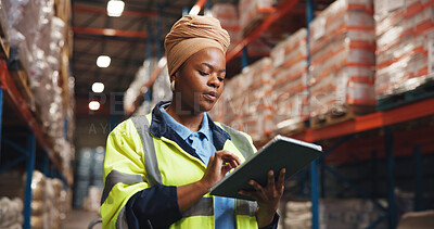 Buy stock photo Supply chain, tablet and black woman in warehouse, inspection and email for distribution schedule. African person, logistics or tech in factory, online reading or digital app for inventory management