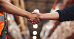 Handshake, team and logistics with people in warehouse for shipping partner, supply chain and agreement. B2b export, shaking hands and ecommerce supplier deal with employees in factory for bokeh