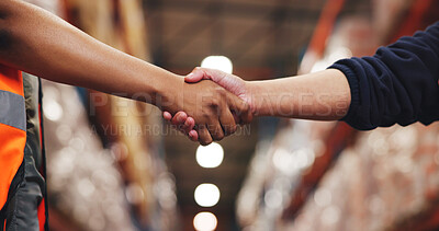 Buy stock photo Handshake, team and logistics with people in warehouse for shipping partner, supply chain and agreement. B2b export, shaking hands and ecommerce supplier deal with employees in factory for bokeh