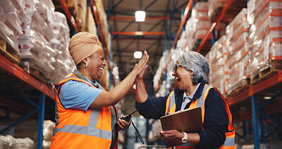 Buy stock photo High five, team and logistics with people in warehouse for shipping partner, supply chain or agreement. B2b export, success and ecommerce supplier deal with employees in factory for inspection target