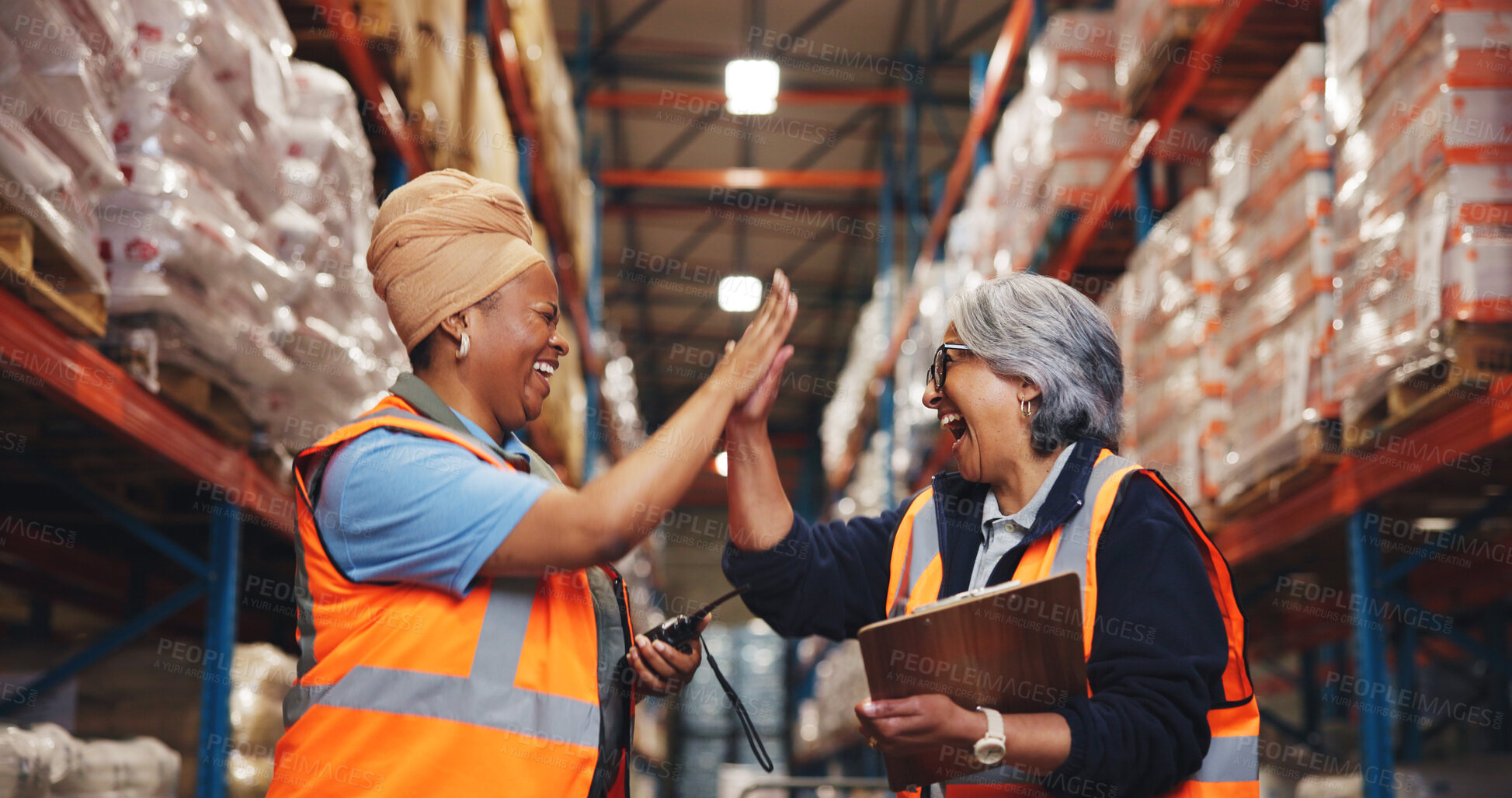 Buy stock photo High five, team and logistics with people in warehouse for shipping partner, supply chain or agreement. B2b export, success and ecommerce supplier deal with employees in factory for inspection target