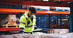 Supply chain, tablet and man in workplace, connection and email for shipping schedule. Person, backlog and employee in factory, quality control and distribution with app for inventory management