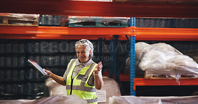Buy stock photo Dance, smile and tablet with woman in logistics depot for delivery or shipping success. App, boxes and celebration with mature person in supply chain warehouse for distribution goals or target
