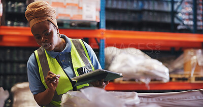 Buy stock photo Supply chain, tablet and black woman in warehouse, counting and email for shipping schedule. African person, tech or inspection in factory, quality control and stock with app for inventory management