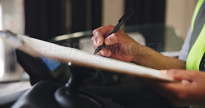 Buy stock photo Clipboard, forklift and hands of person in warehouse for shipping, delivery info and inventory list. Writing, machine and worker with paperwork for supply chain, distribution or logistics inspection