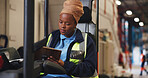 Clipboard, forklift and black woman in warehouse for shipping, delivery schedule and inventory list. Factory, machine and person with paperwork for supply chain, distribution or logistics inspection