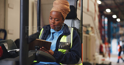 Buy stock photo Clipboard, forklift and black woman in warehouse for shipping, delivery schedule and inventory list. Factory, machine and person with paperwork for supply chain, distribution or logistics inspection