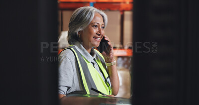 Buy stock photo Phone call, warehouse and woman for shipping, distribution and logistics info with clipboard. Communication, planning and person on smartphone talking for cargo, delivery schedule and supply chain