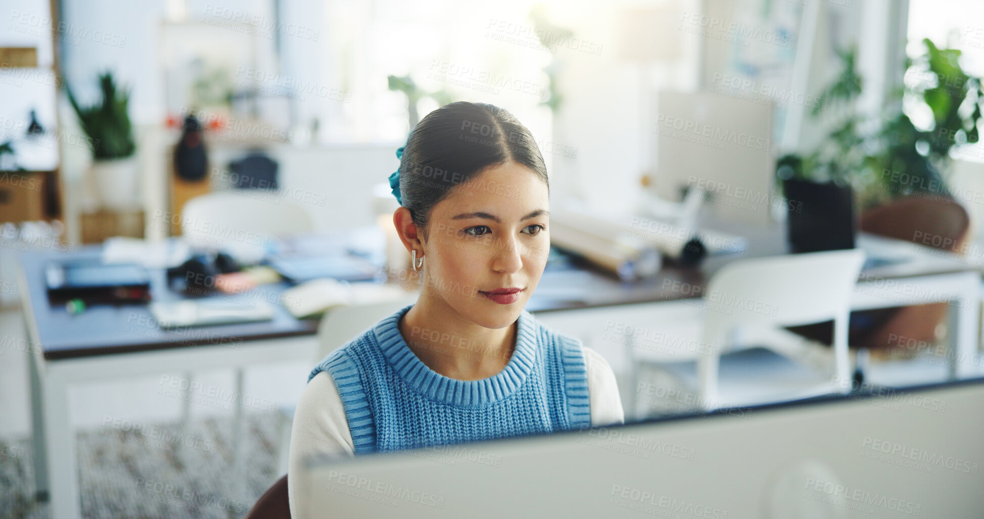Buy stock photo Creative, employee and woman with computer, office and research for article on website or journalism. Proofreading, story and person with tech for project, reporter and editing draft in newsroom