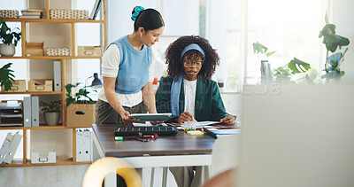 Buy stock photo Business, people and meeting with tablet in office for solar panel, sustainable planning and report. Women, digital or documents for renewable energy, photovoltaic information and co friendly project