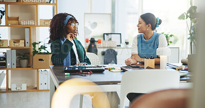 Buy stock photo Media agency, talking and women in office, planning and teamwork with ideas, startup and support. Help, journalist and people with communication, creative or discussion with submission or publication