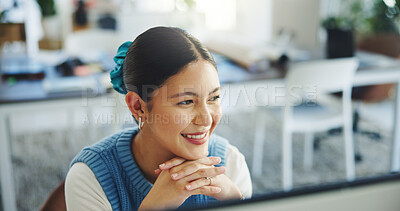 Buy stock photo Thinking, employee and woman with computer, office and research for article on website or journalism. Creative, reporter and person with tech for project, reflection and plan for story in newsroom