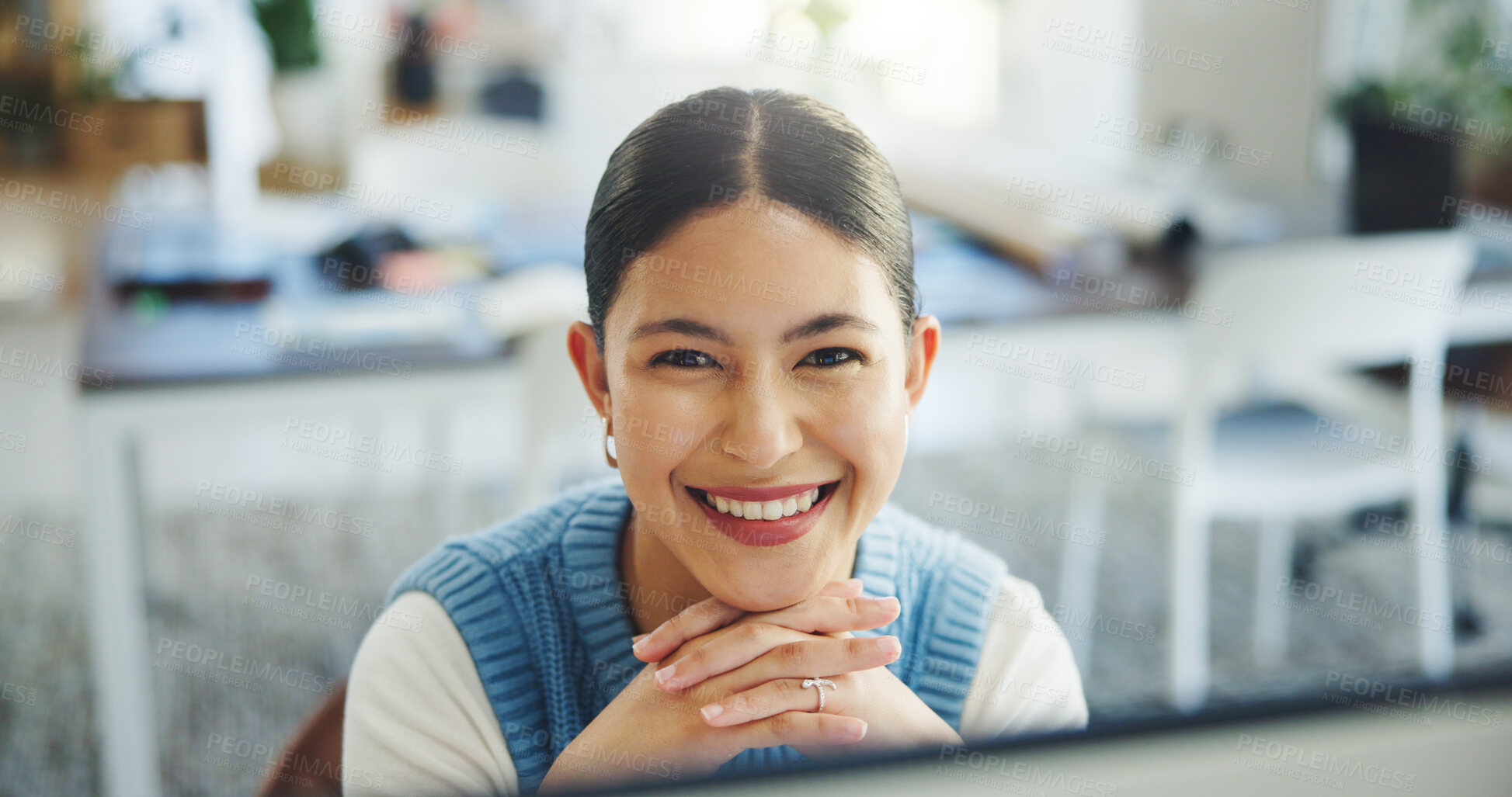 Buy stock photo Creative, portrait and woman with computer, office and research for article on website or journalism. Confident, reporter and person with technology for project, happiness and newsroom in Canada