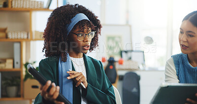 Buy stock photo Sustainability, plan and women with solar panel, office and meeting for renewable energy or teamwork. Collaboration, colleagues and people with eco friendly project, talk and photovoltaic prototype