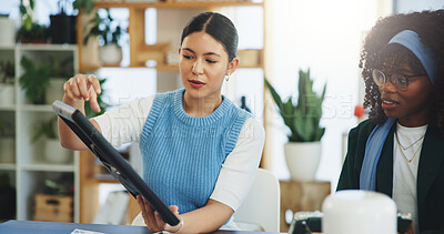 Buy stock photo Renewable energy, discussion and women with solar panel, office and collaboration for sustainability. Teamwork, colleagues and people with eco friendly project, meeting and photovoltaic prototype