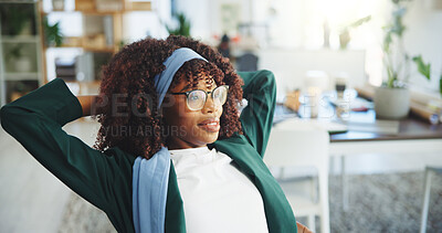 Buy stock photo Business, African woman and relax in office for work break, productive day and complete tasks. Female person, resting and stretching for stress relief, project submission and finished with workload