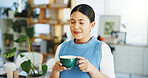 Coffee, smile and businesswoman in office with relax, calm or peaceful morning with break. Reflection, happy and female magazine editor drinking warm beverage with planning for creative project.
