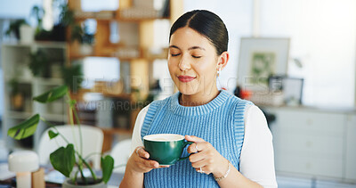 Buy stock photo Coffee, smile and businesswoman in office with relax, calm or peaceful morning with break. Reflection, happy and female magazine editor drinking warm beverage with planning for creative project.