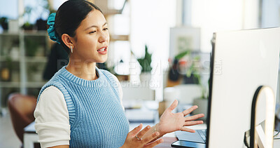Buy stock photo Communication, woman or video call with computer in office, virtual meeting or online interview for hiring. Recruitment, explain job requirement or hr worker with questions for info, discussion or pc