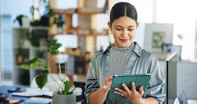 Buy stock photo Tablet, research and businesswoman in office with email for approval on creative project. Digital technology, communication and female magazine editor with planning for publishing in workplace.