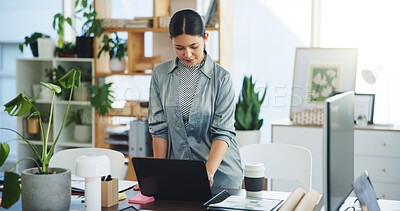Buy stock photo Woman, research and typing in office with laptop for business growth, sustainable company and review. Female person, browsing and reading with computer, eco friendly project and development report.