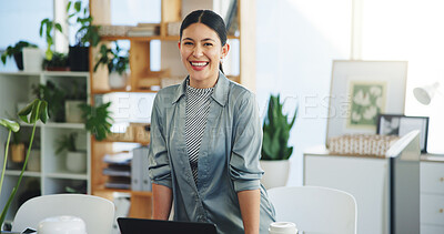 Buy stock photo Portrait, smile and woman in office with laptop, about us or founder of eco friendly startup. Confidence, happy and entrepreneur with tech, experience and pride in sustainable small business.
