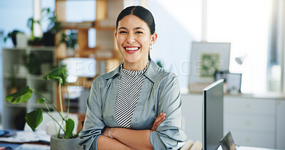 Buy stock photo Portrait, smile and woman in office with arms crossed, about us or founder of eco friendly startup. Happy, pride and entrepreneur with confidence, experience and career in sustainable small business.