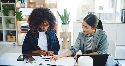 Buy stock photo Collaboration, document and business women with discussion for brand proposal, idea or advertising. Paperwork, planning and meeting with team for strategy, brainstorming and campaign review in office