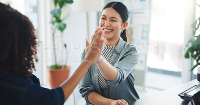 Buy stock photo Business people, smile and high five in office for sales success, collaboration and revenue increase. Target achievement, women and marketing team with pride for winning, goals and profit celebration
