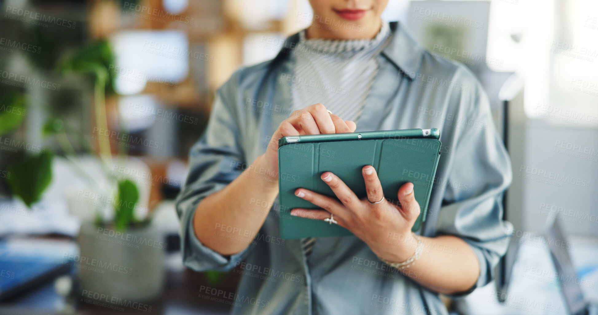 Buy stock photo Tablet, hands and businesswoman in office with email for approval on creative project. Digital technology, communication and female magazine editor with planning for publishing in startup workplace.