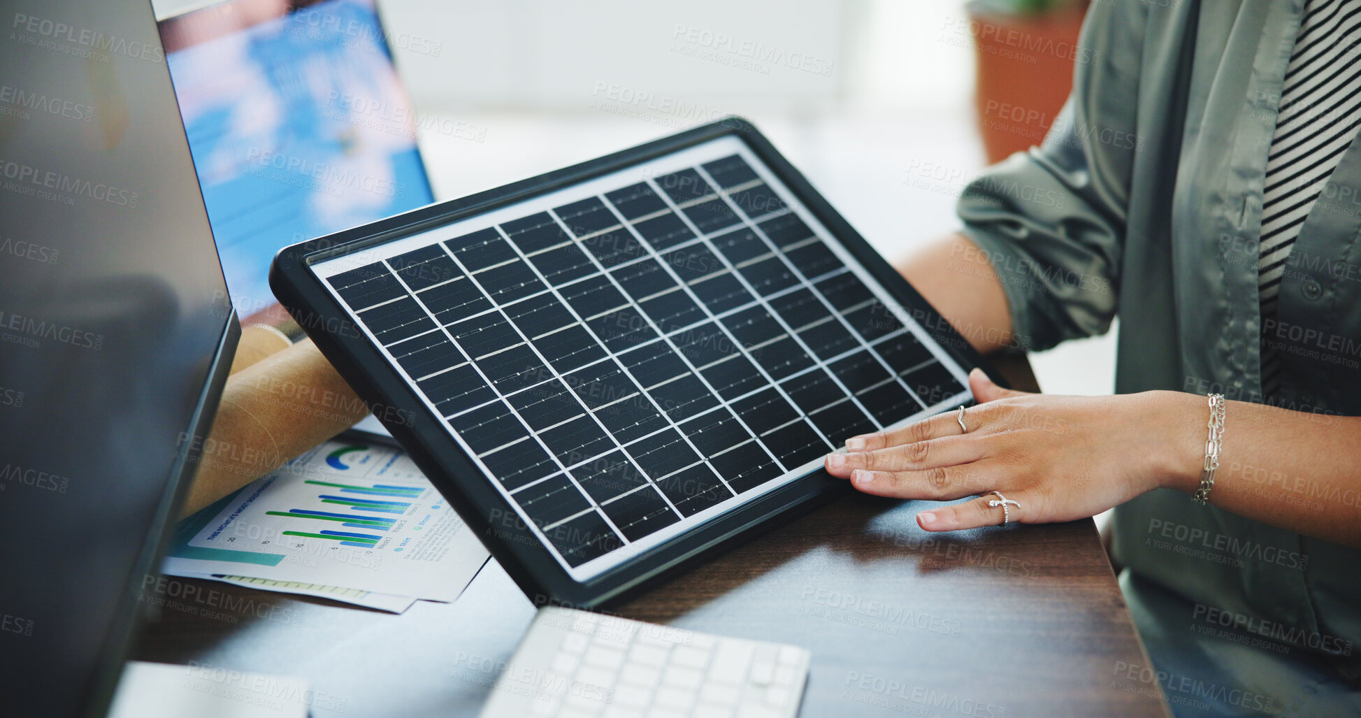 Buy stock photo Review, solar panel or hands in office with grid, feedback or plan for energy pitch. Sustainable, woman or esg director in agency with tech, photovoltaic cell or solution for renewable power project.
