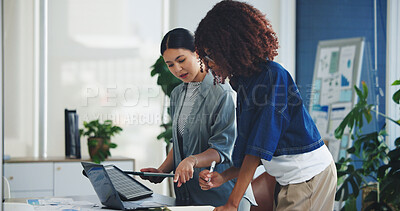 Buy stock photo Discussion, solar panel or women with tablet for planning, sustainability project or eco friendly change. Green energy, company transformation or team talk for grid info, photovoltaic specs or tech