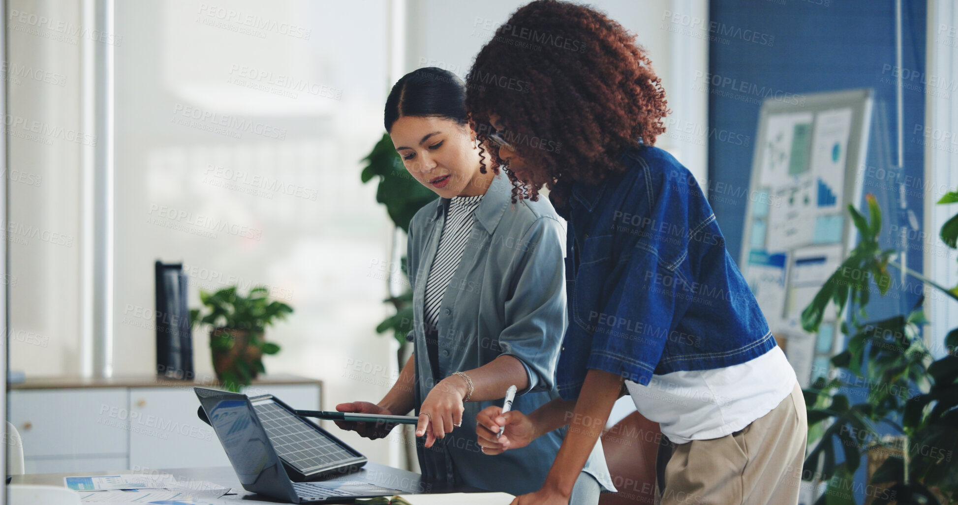 Buy stock photo Discussion, solar panel or women with tablet for planning, sustainability project or eco friendly change. Green energy, company transformation or team talk for grid info, photovoltaic specs or tech