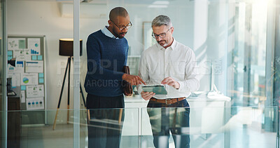 Buy stock photo Tablet, team and reading with business people in office for key account manager, roi project and planning. Funding review, budget admin and digital report with employees in agency as advisor