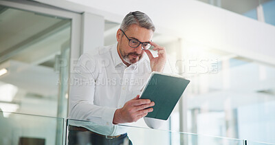 Buy stock photo Tablet, reading and research with business man in office for key account manager, roi project and planning. Funding review, budget admin and digital report with mature person in agency as advisor