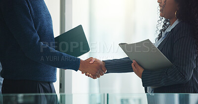 Buy stock photo Handshake, tablet and business people in office with deal, finance contract or partnership. Folder, negotiation and financial manager shaking hands with client for investment proposal in workplace.