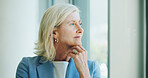 Thinking, window and mature businesswoman in office with brainstorming, planning or decision. Smile, ideas and female executive CEO in workplace with choice, reflection or opportunity for company.