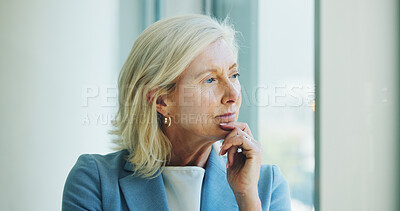 Buy stock photo Planning, window and mature businesswoman in office with brainstorming, thinking or decision. Glasses, ideas and female executive CEO in workplace with choice, reflection or opportunity for company.