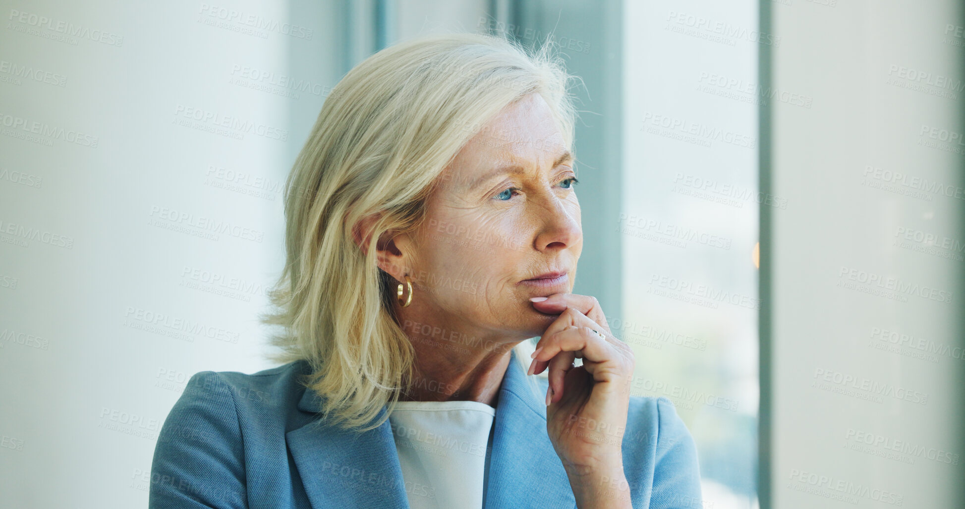 Buy stock photo Planning, window and mature businesswoman in office with brainstorming, thinking or decision. Glasses, ideas and female executive CEO in workplace with choice, reflection or opportunity for company.