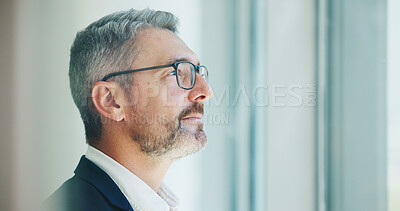 Buy stock photo Ideas, window and mature businessman in office with brainstorming, planning or decision. Glasses, thinking and male executive CEO in workplace with choice, reflection or opportunity for company.