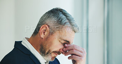Buy stock photo Mature businessman, headache and stress at window, visual fatigue and burnout at insurance company. Person, advisor and frustrated with migraine, eye strain and exhausted with brain fog at agency