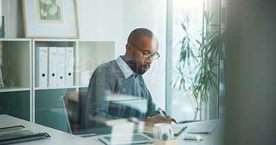 Buy stock photo Writing, paperwork and business black man in office with finance report, proposal and budget review. Accountant, corporate and person with documents for financial planning, asset management and audit