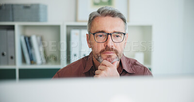 Buy stock photo Review, man or thinking with computer in office, compliance insight or risk management observation. Company ideas, check financial records or auditor with accuracy inspection, pc or assets reflection