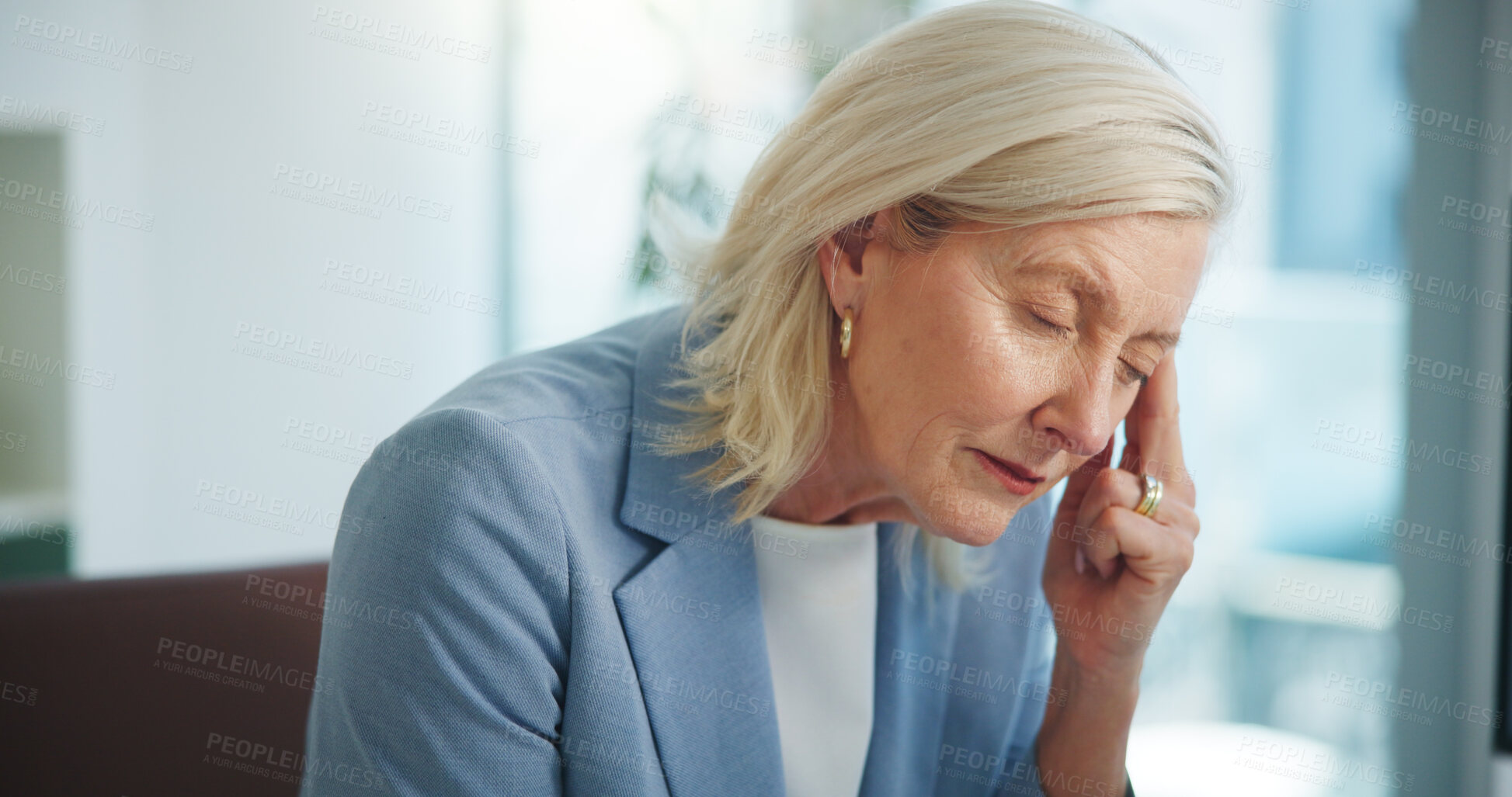 Buy stock photo Mature woman, headache and stress at office, vertigo and burnout with career at insurance company. Person, advisor and frustrated with migraine, temple massage and exhausted with brain fog at agency