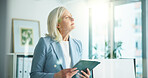 Tablet, thinking and research with business woman in office for key account manager, roi project or vision. Funding review, budget admin and digital report with mature person in agency for reflection