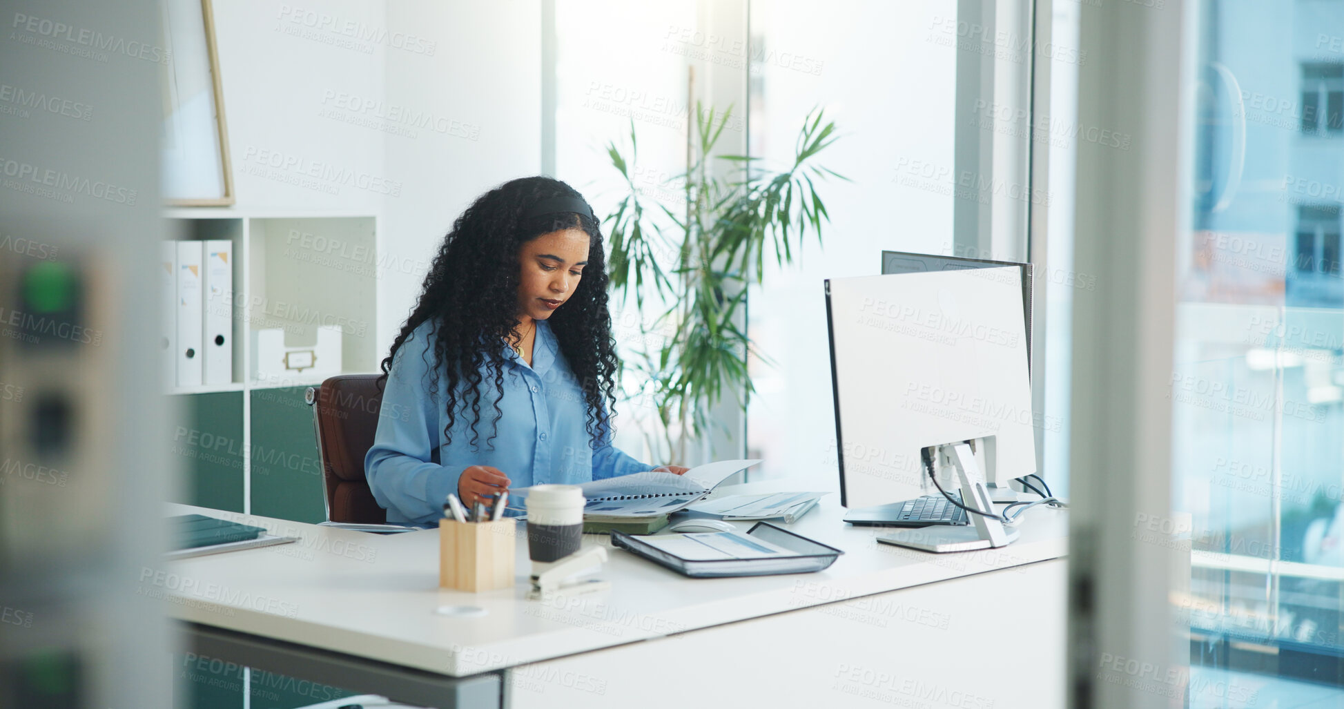 Buy stock photo Auditor, reading or woman with document in office, internal inspection or risk management observation. Compliance report, check financial records or worker with accuracy review, budget or assets info