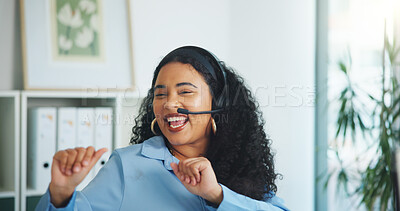 Buy stock photo Call center, success and woman with headset, dancing and agent with complete target and celebration. Sales, consultant and person with mic for communication, happy and excited for bonus in office