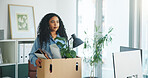 Woman, thinking and quit job with box for better salary, career change or reflection in office. Person, ponder or contemplating with package for resignation, unemployment or professional improvement.