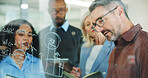 Man, group and writing on glass wall at office, planning or insight with risk management solution. Mature person, team and notes on board for problem solving, strategy or feedback at insurance agency