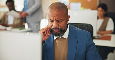Buy stock photo Businessman, computer and thinking with concern in office for 404 error, internet glitch or financial report issue. Confused, mature person and reading website for research or accounting mistake